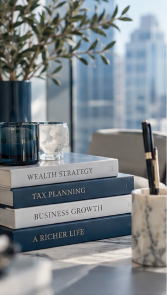 Books on wealth strategy, tax planning, and business growth on a marble desk