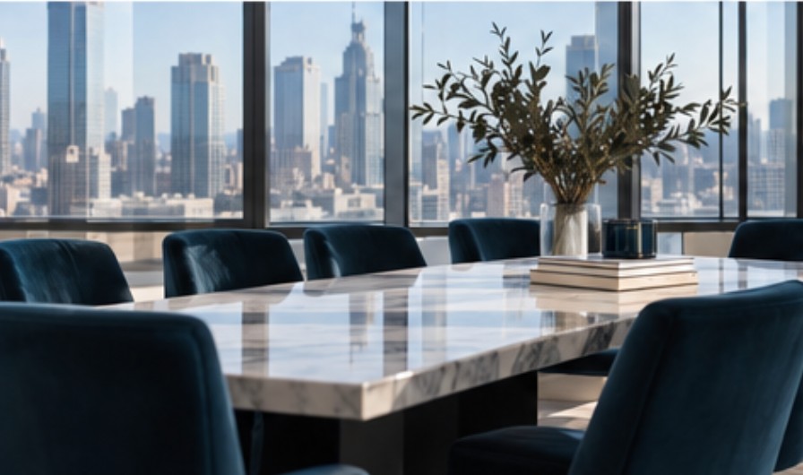 Marble conference table with navy chairs overlooking the city