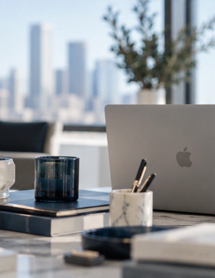 Laptop and notebooks on a marble desk overlooking the city