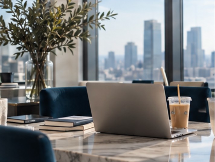 Laptop and iced coffee on a marble desk overlooking the city