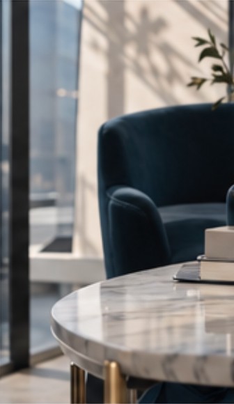 Navy lounge chair beside a marble table