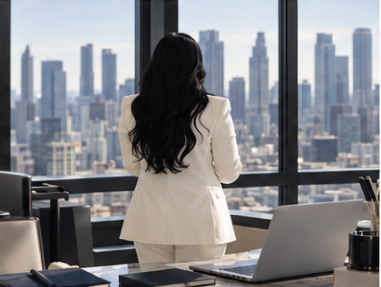 Woman business owner looking out over the city from her office