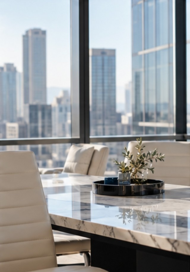 Marble conference table overlooking the city