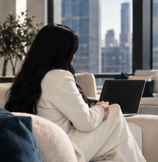 Woman working on a laptop overlooking the city